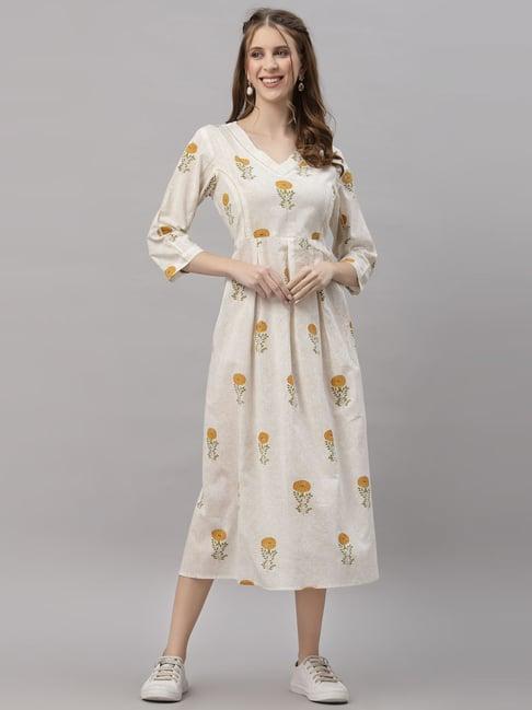 ragavi off-white cotton floral print a-line dress