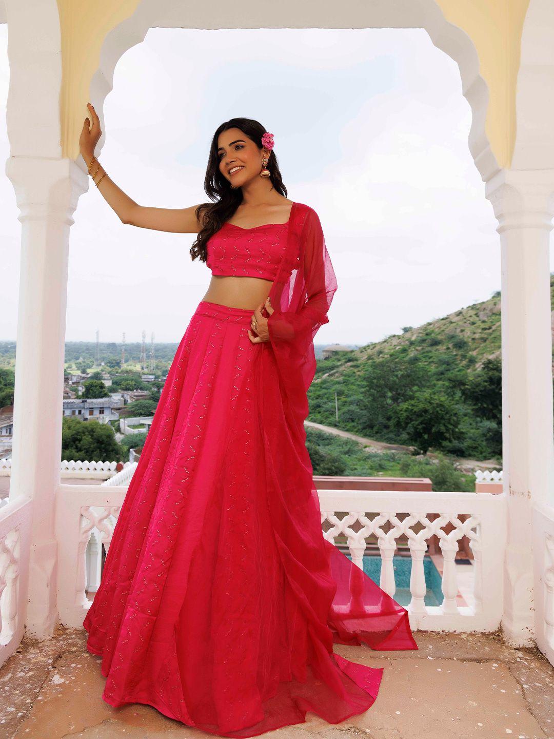 ragavi pink embroidered mirror work ready to wear lehenga & blouse with dupatta