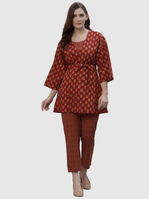 ragavi red cotton printed kurti pant set with inner