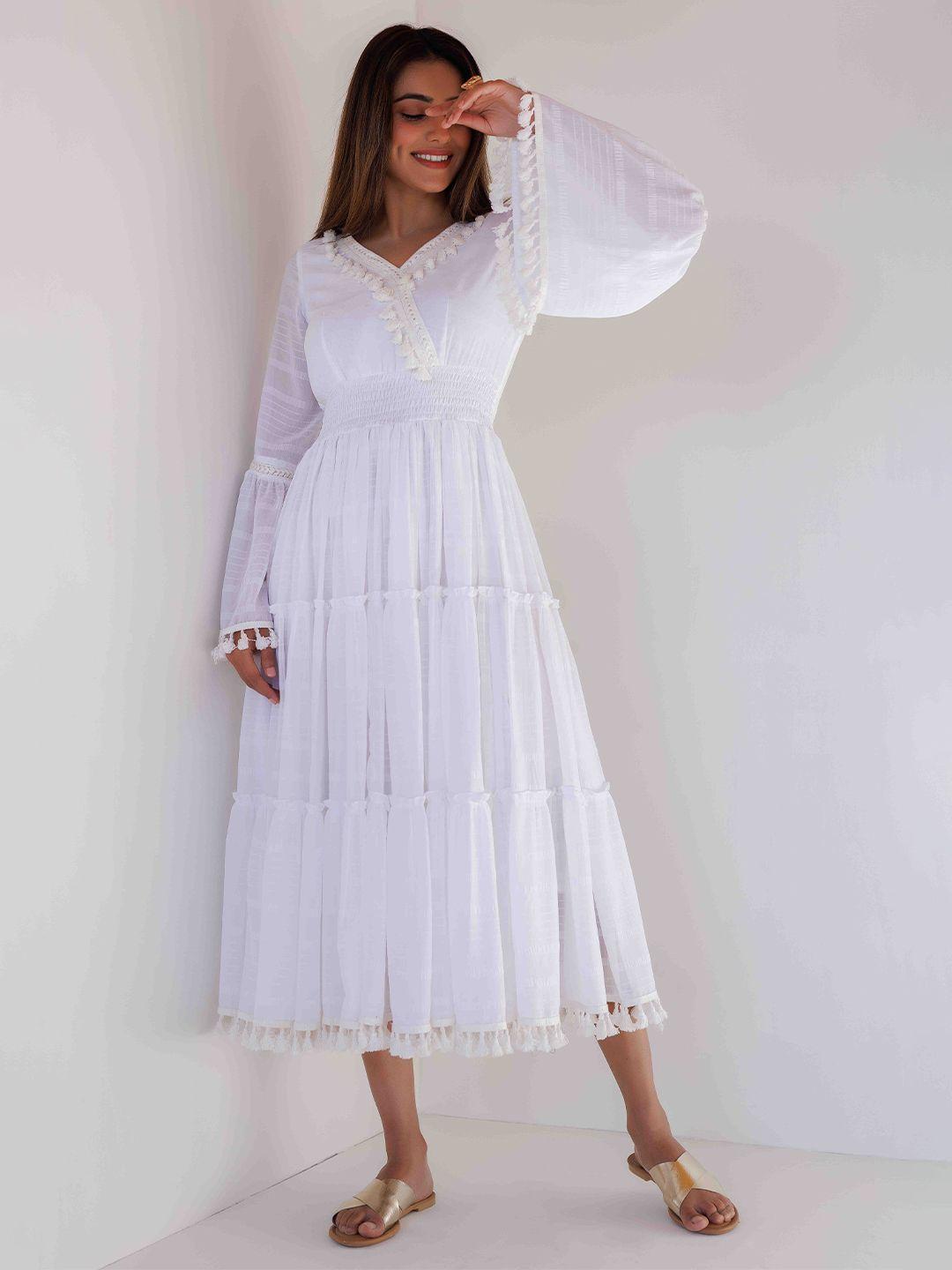 ragavi self design bell sleeves chiffon empire midi dress