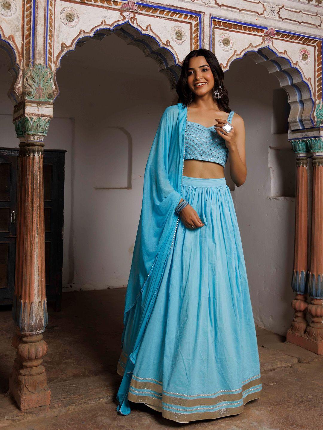 ragavi turquoise blue embroidered mirror work ready to wear lehenga & blouse with dupatta