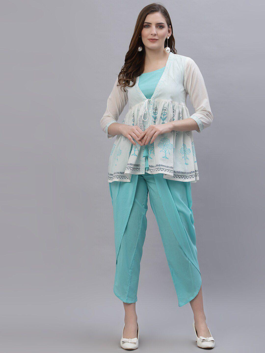 ragavi women blue printed pure cotton kurti with dhoti pants & with dupatta