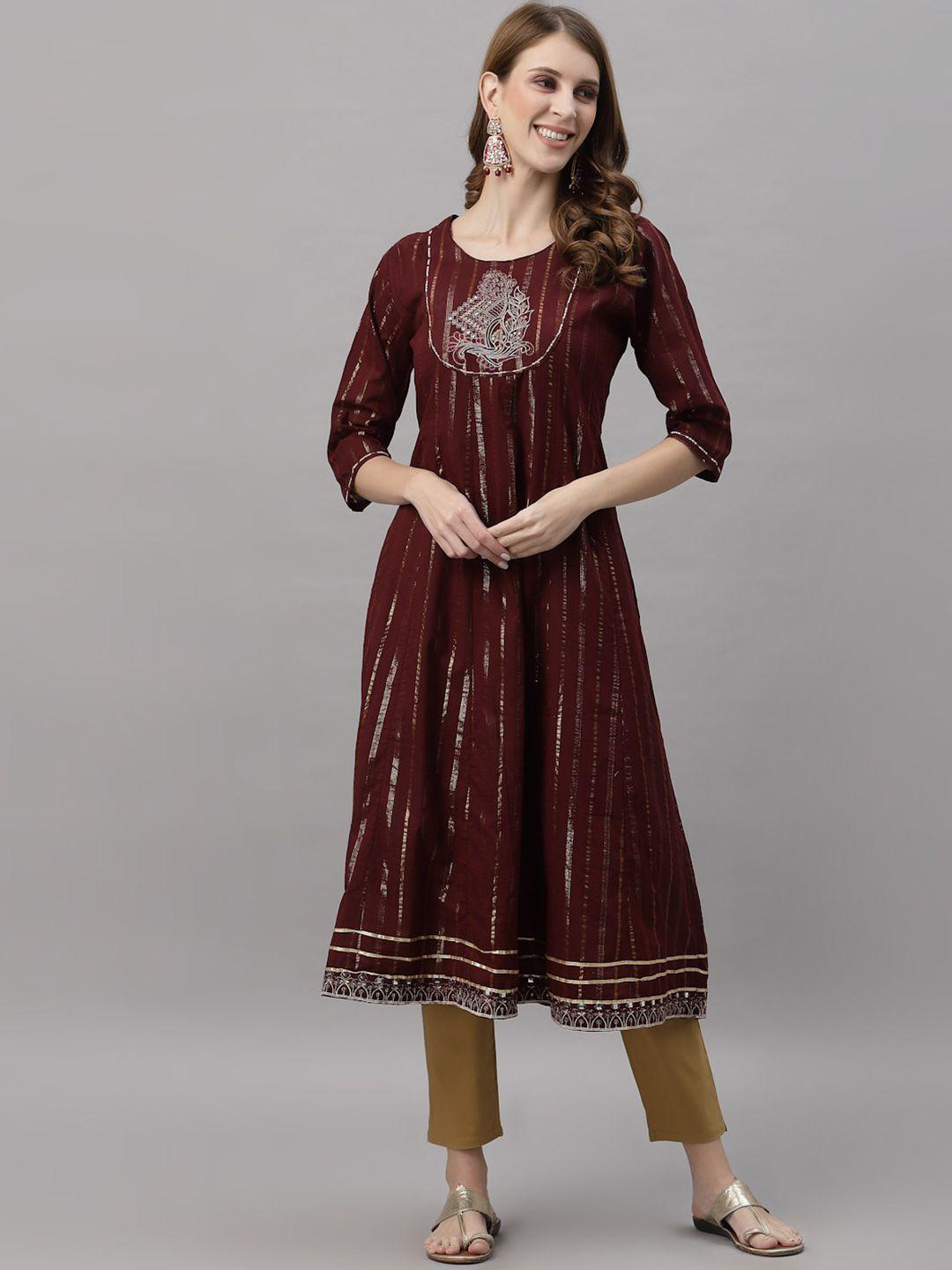 ragavi women maroon ethnic motifs printed thread work anarkali kurta