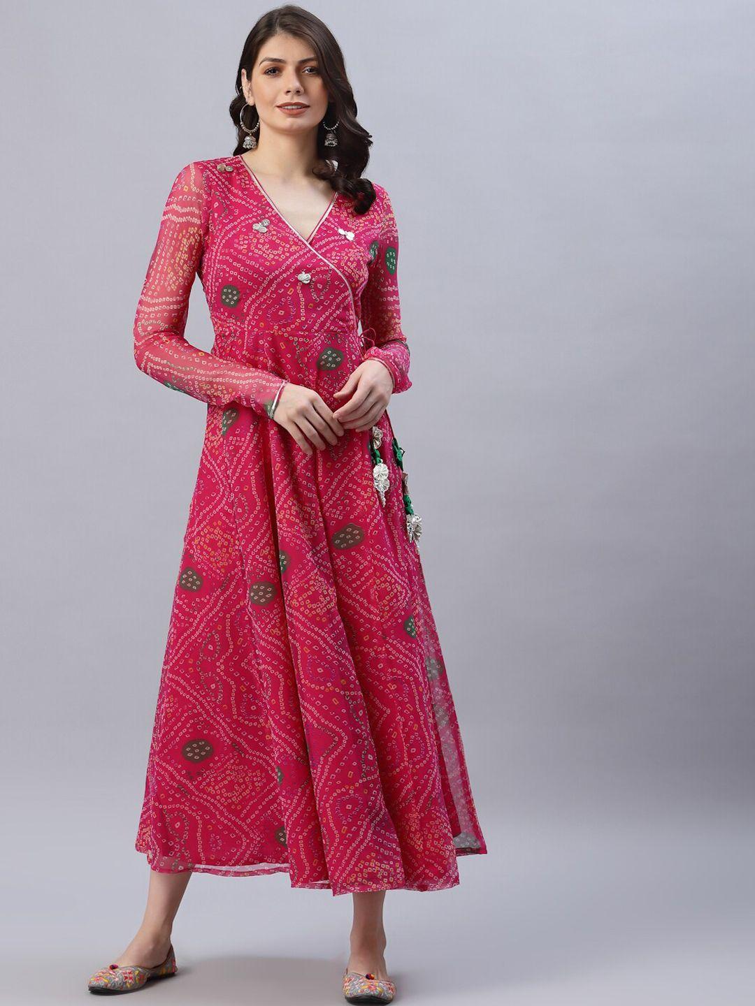 ragavi women pink ethnic motifs printed long sleeve georgette anarkali kurta