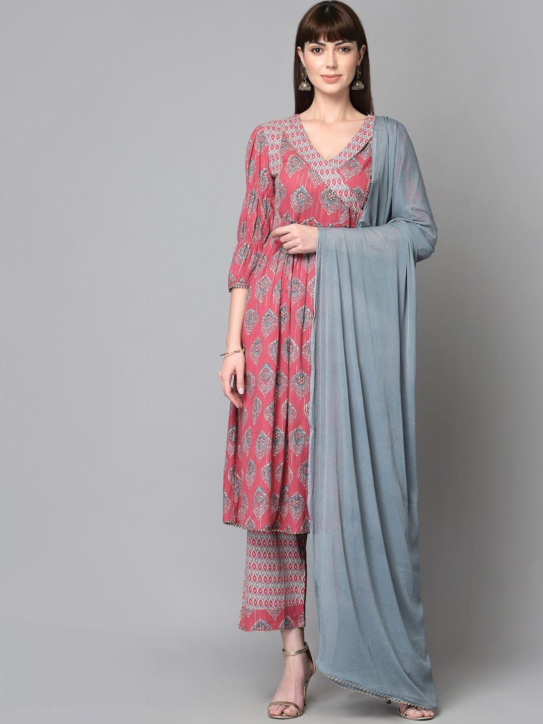ragavi women pink ethnic motifs printed pure cotton kurti with trousers & with dupatta