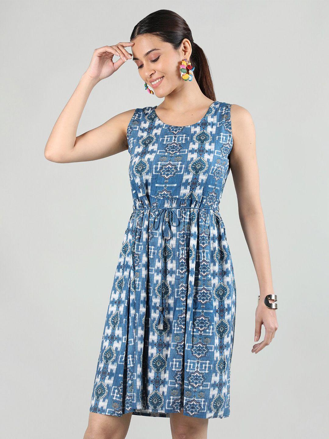 rage ethnic motifs printed cut-out & tie-up detail fit & flare dress