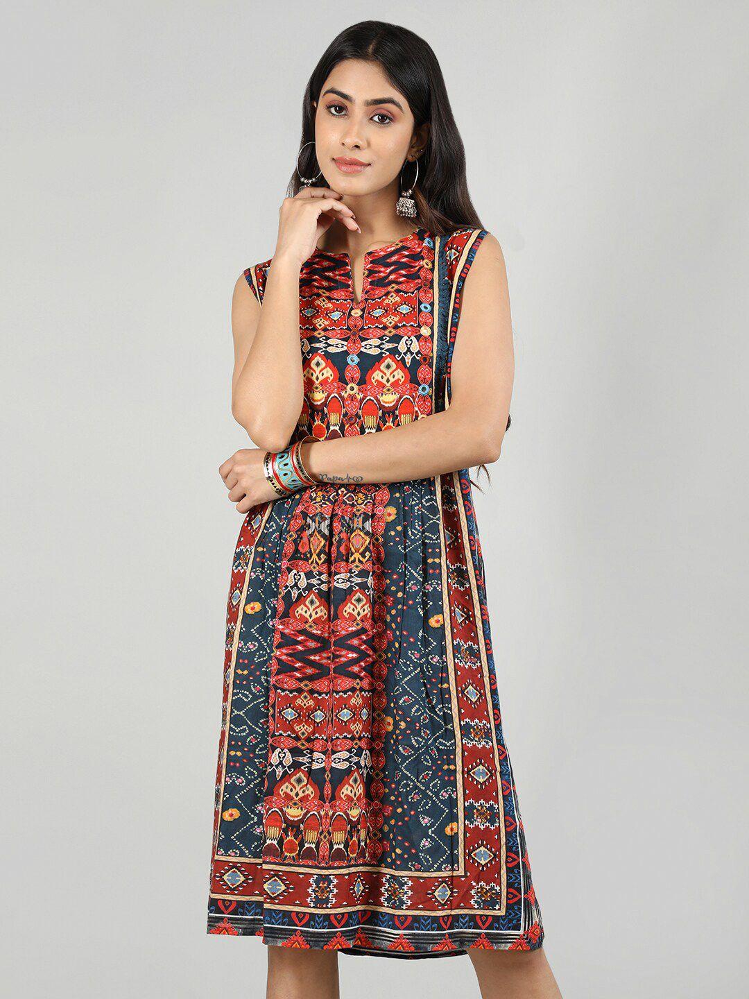 rage ethnic motifs printed pleated detailed a-line ethnic dress