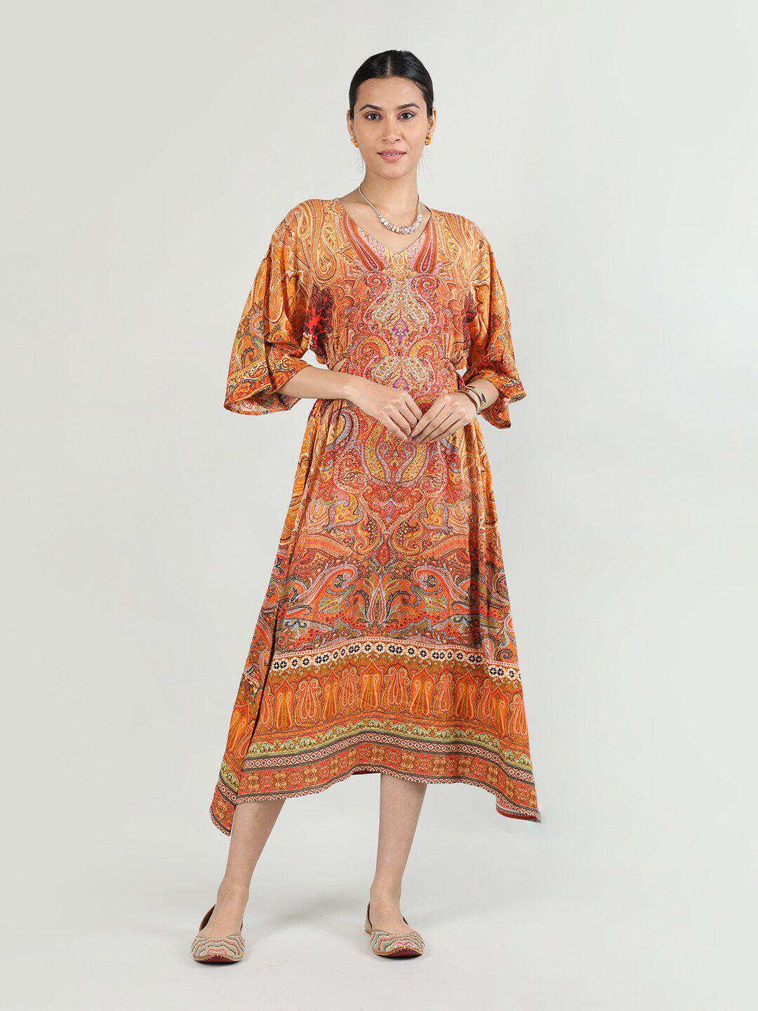 rage ethnic printed flared sleeves cut-out detail asymmetric a-line ethnic midi dress