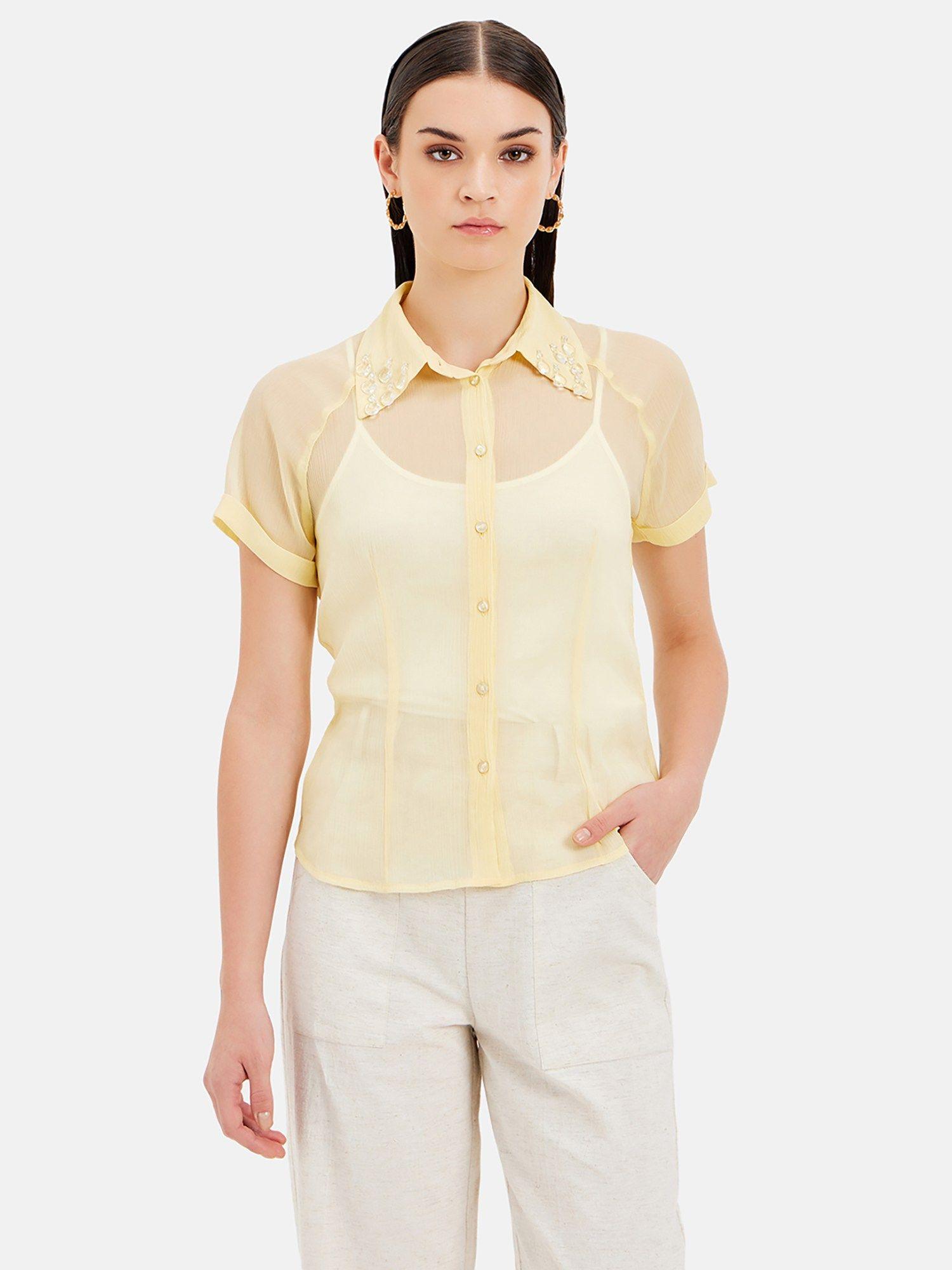 raglan short sleeves sheer shirt with embellished collar