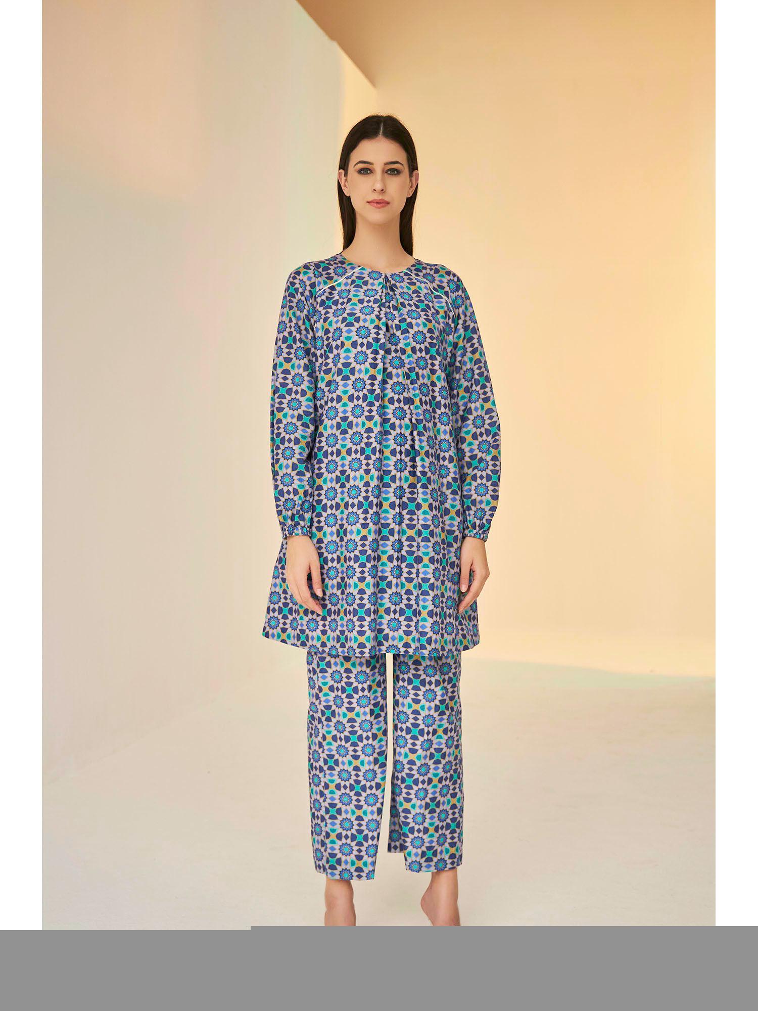 raglan sleeve kokand print shirt and pants set (set of 2)