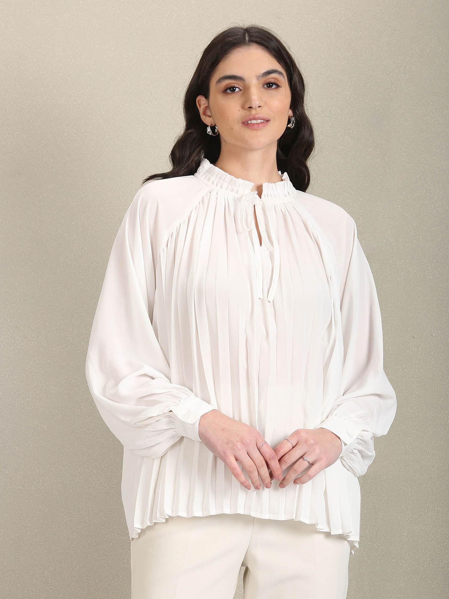 raglan sleeve pleated top white