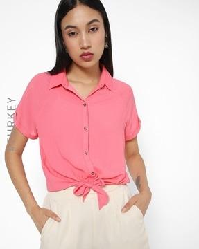 raglan sleeves shirt with front tie-up