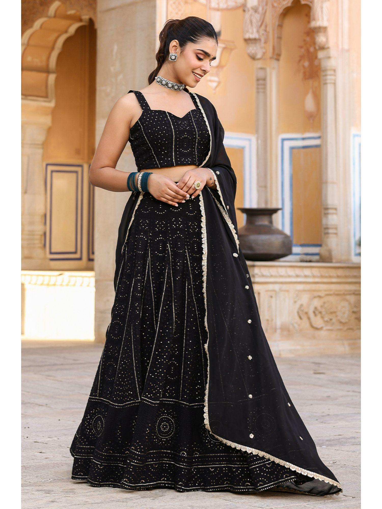 raha black lucknowi embroidered lehenga (set of 3)