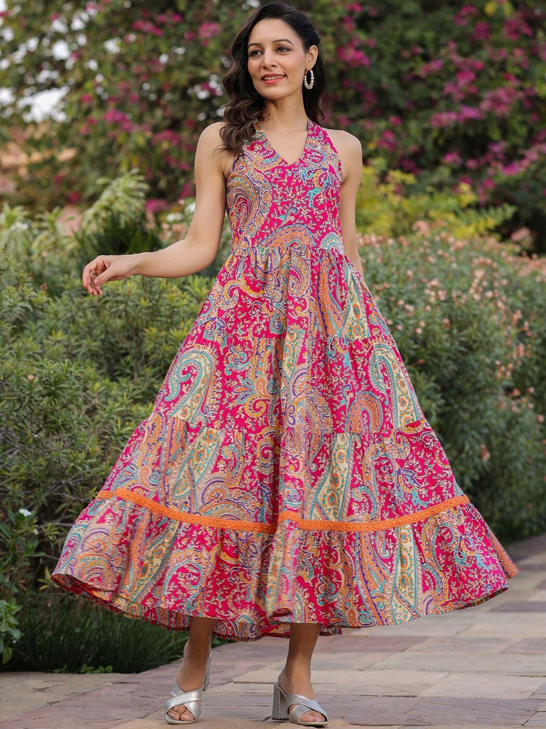 rain & rainbow ethnic motifs printed maxi fit & flare tiered pure cotton ethnic dress