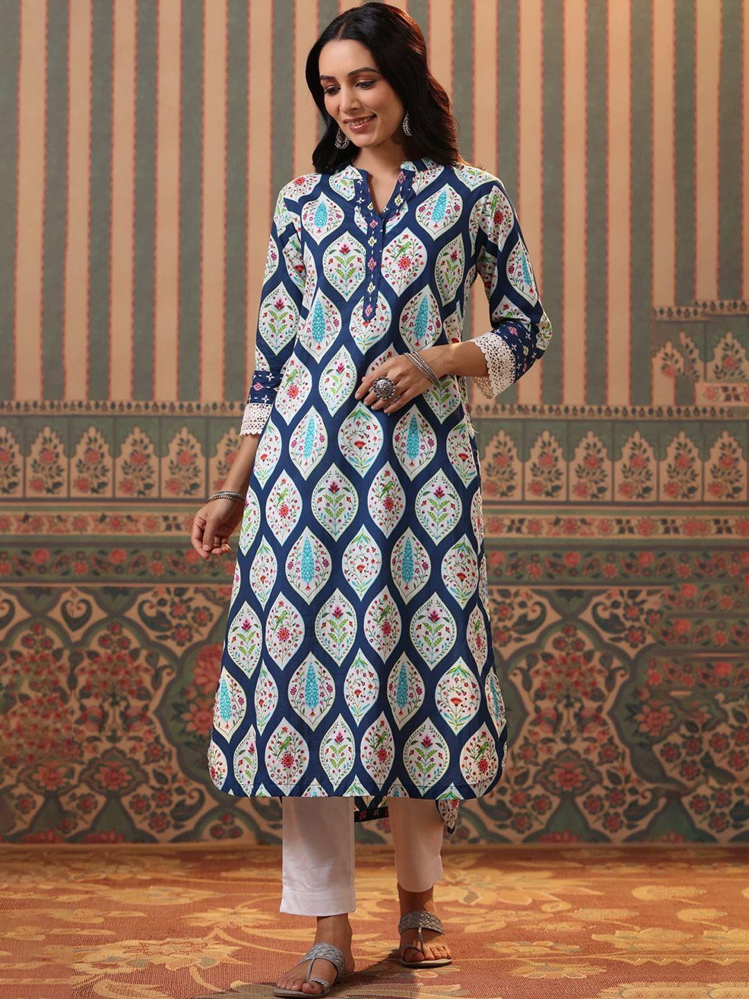 rain & rainbow women blue ethnic motifs printed cotton kurta