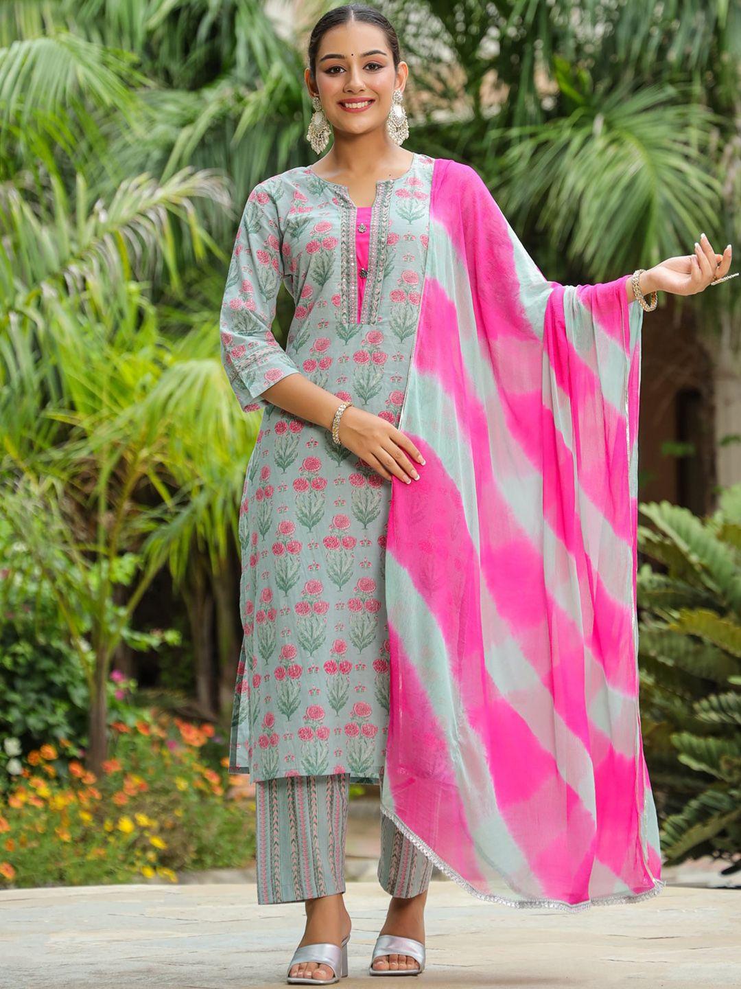 rain & rainbow women floral printed regular sequinned pure cotton kurta with trousers & with dupatta