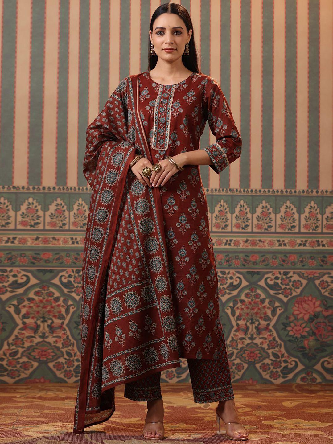 rain & rainbow women maroon floral printed pure cotton kurta with trousers & with dupatta