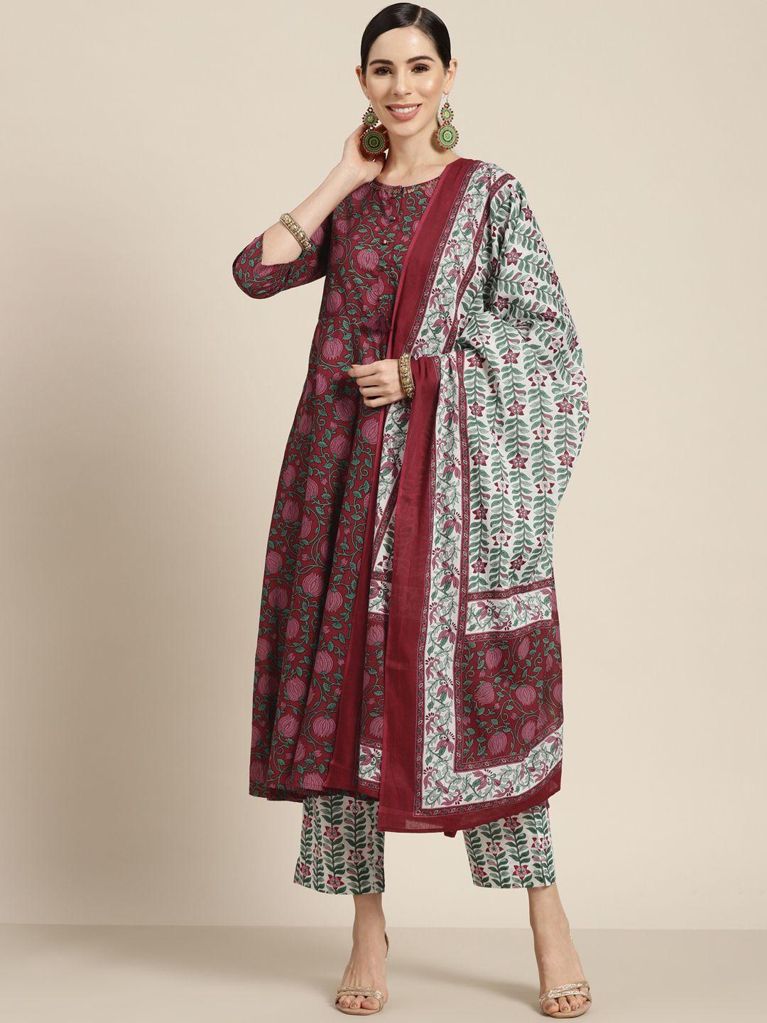 rain & rainbow women maroon floral printed sequinned pure cotton kurta with trousers & with dupatta