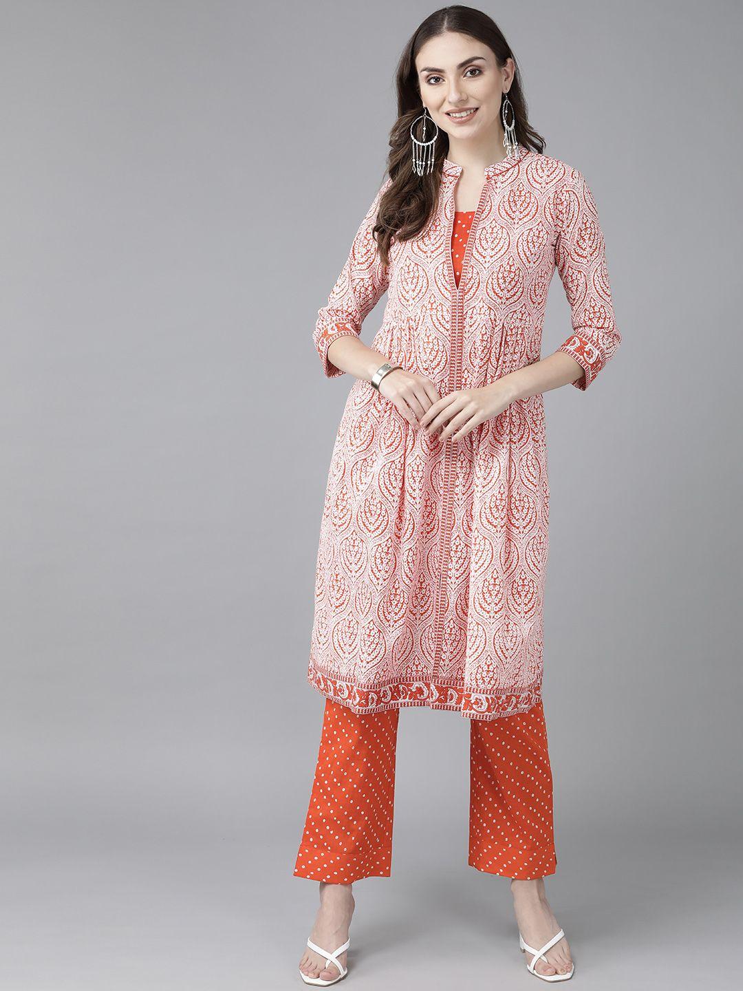rain & rainbow women orange ethnic motifs printed sequinned pure cotton kurta with trousers