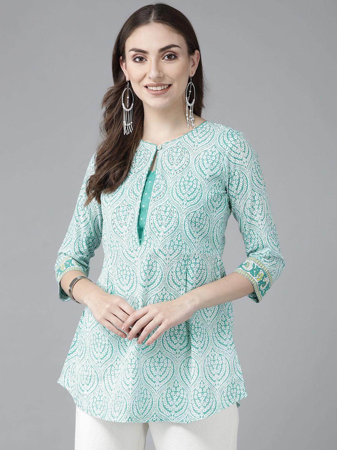 rain & rainbow women sea green & white ethnic motifs printed sequinned pure cotton kurti