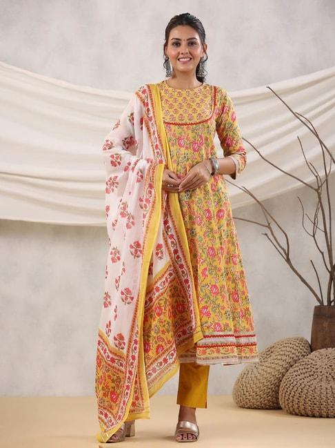 rain and rainbow mustard cotton floral print anarkali kurta with pant & dupatta
