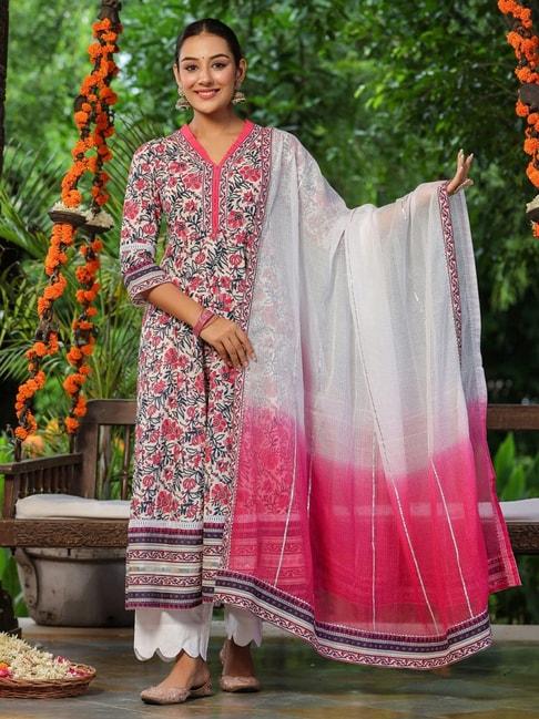 rain and rainbow pink cotton floral print kurta pant set with dupatta