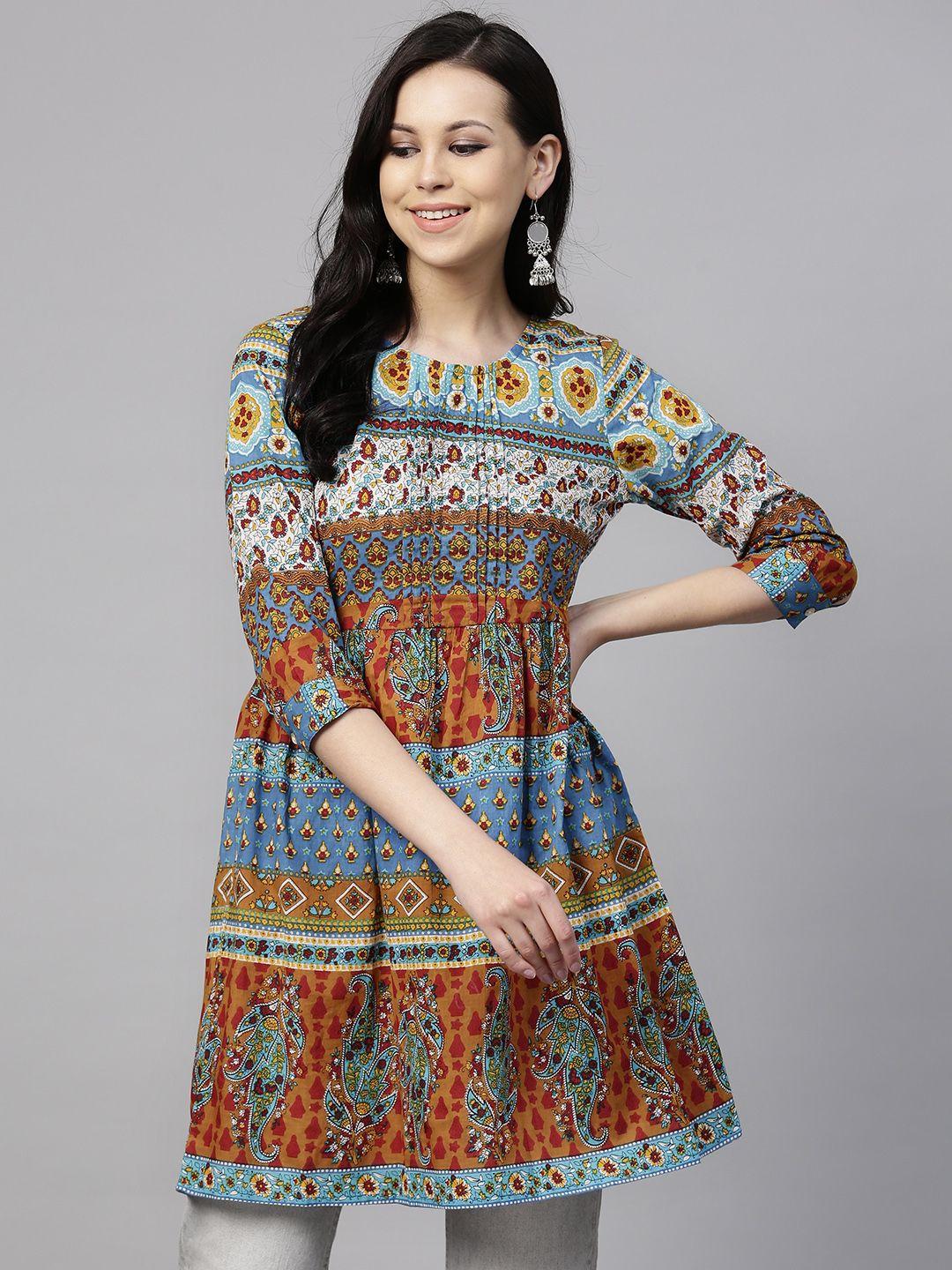 rain & rainbow blue & orange printed a-line tunic