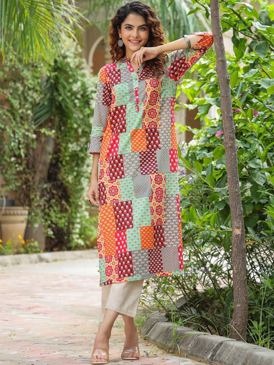 rain & rainbow ethnic motifs printed band collar kurta