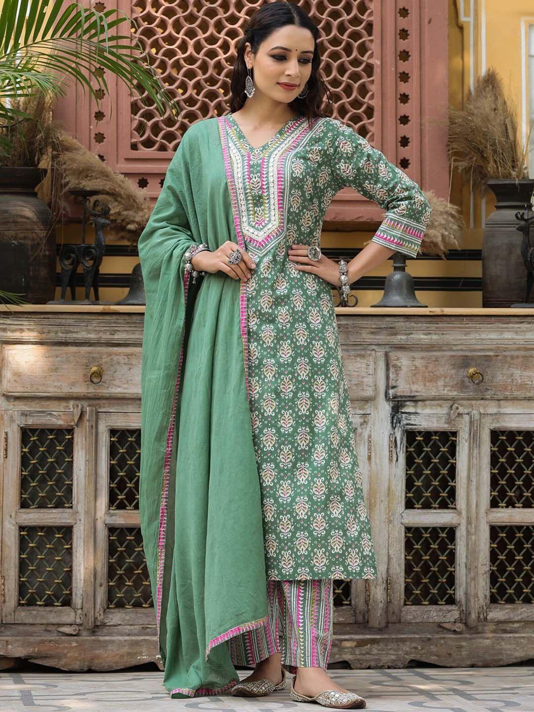 rain & rainbow ethnic motifs printed pure cotton kurta with trousers & dupatta