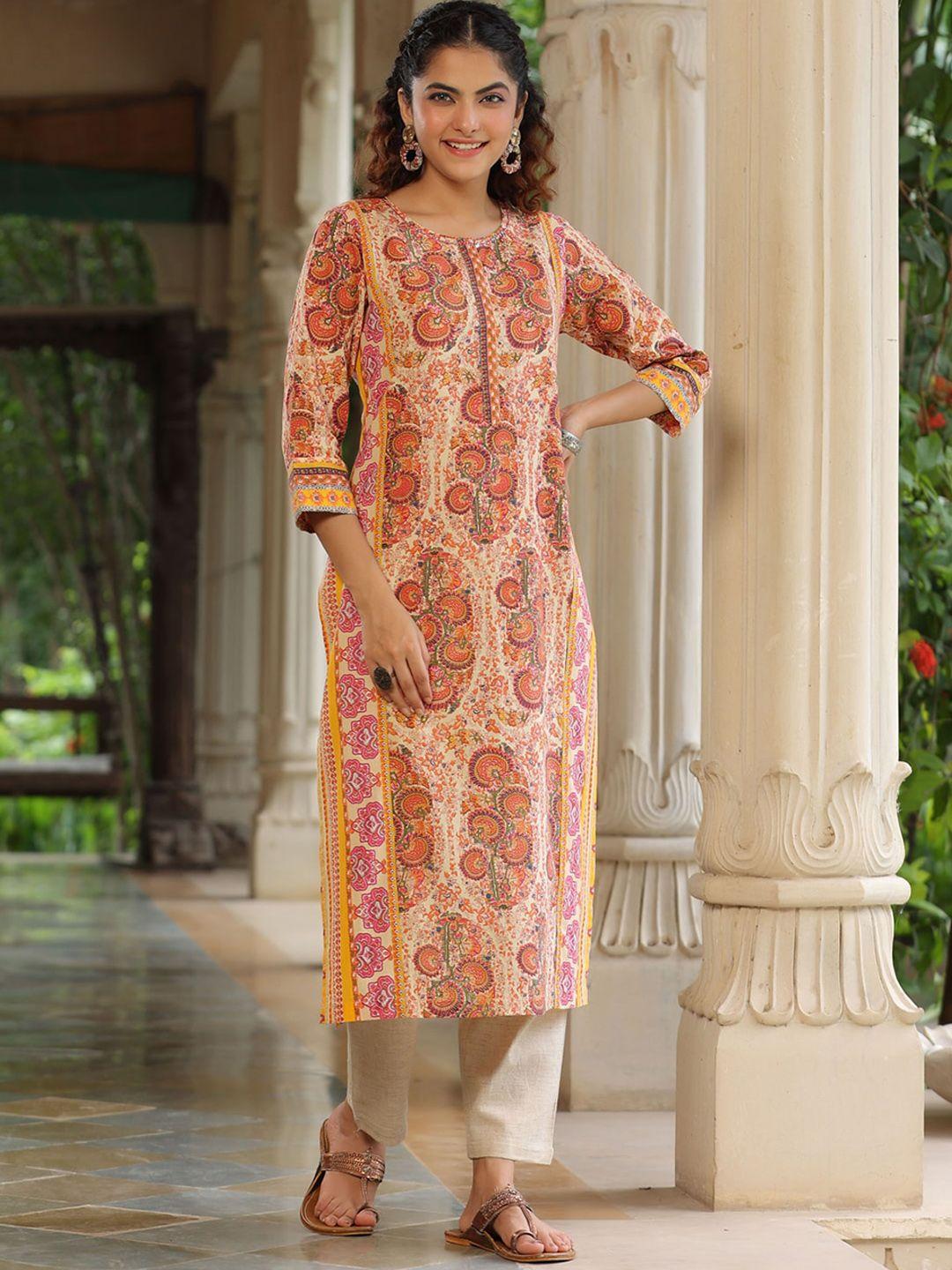 rain & rainbow ethnic motifs printed pure cotton straight kurta