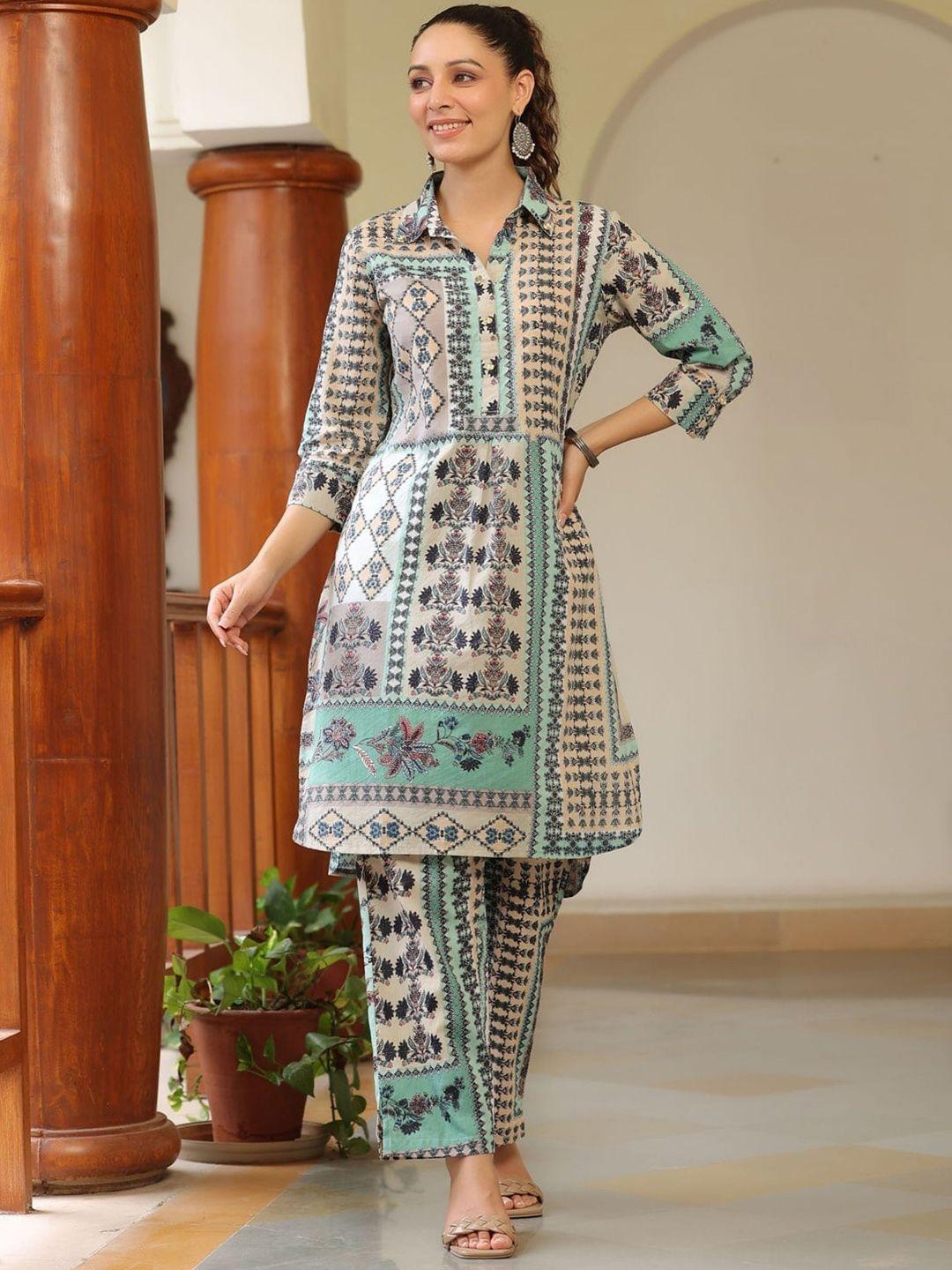 rain & rainbow ethnic motifs printed pure cotton tunic with tourers co-ords