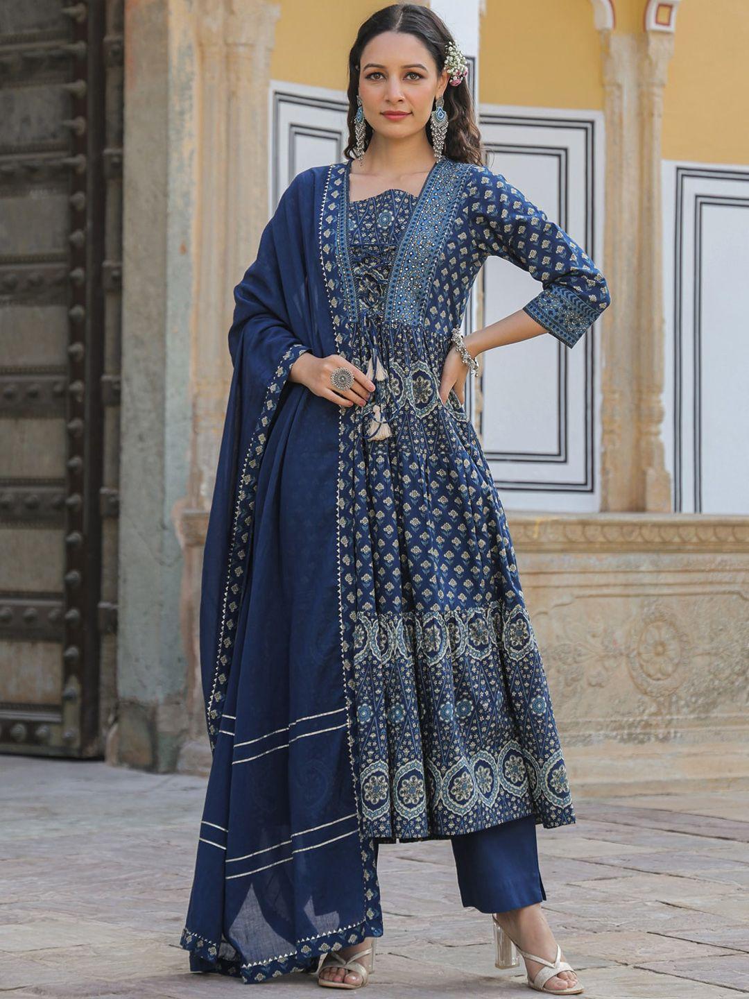 rain & rainbow ethnic motifs printed sequinned pure cotton kurta with trousers & dupatta