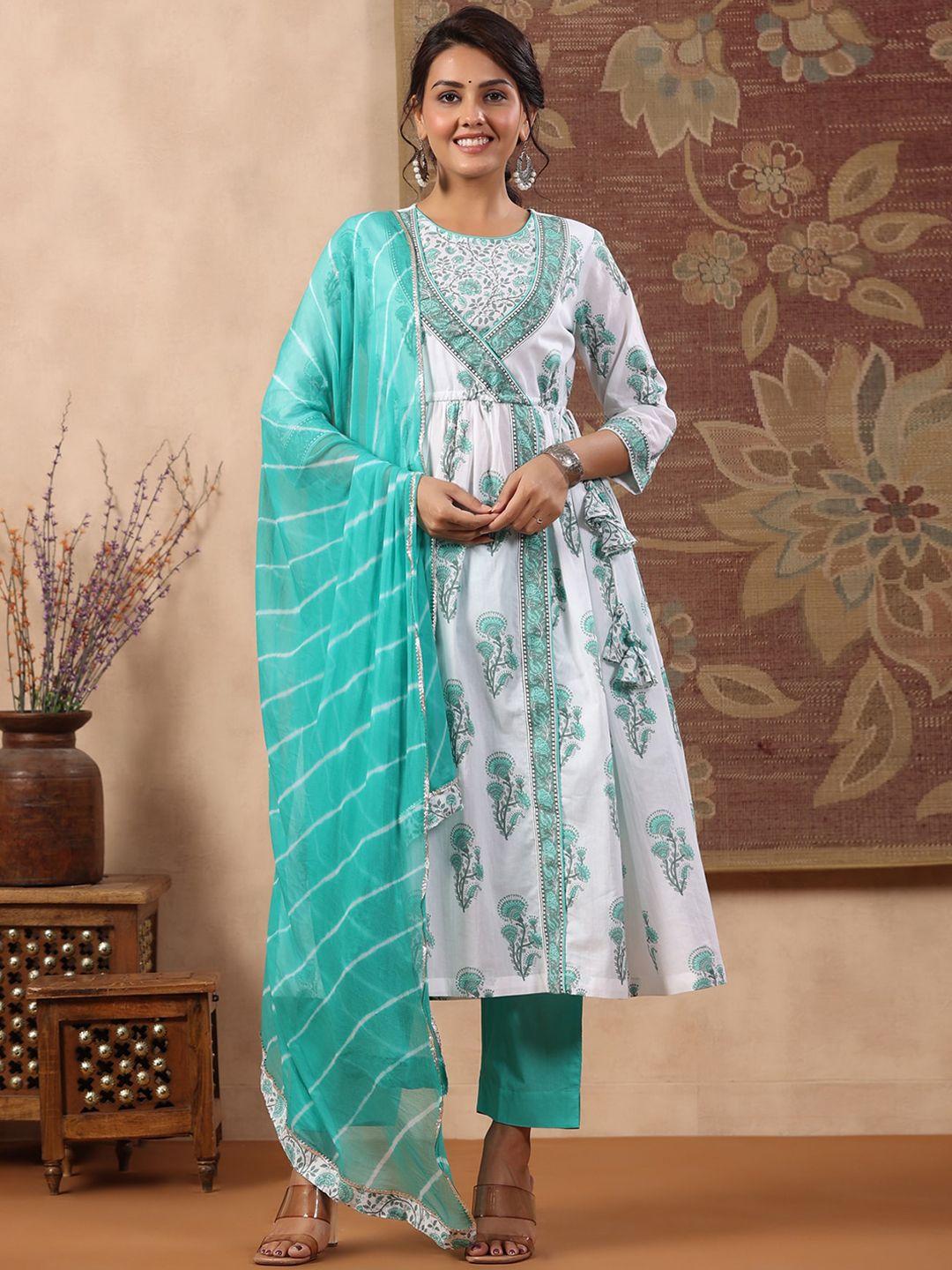 rain & rainbow floral printed angrakha pure cotton kurta with trousers & with dupatta