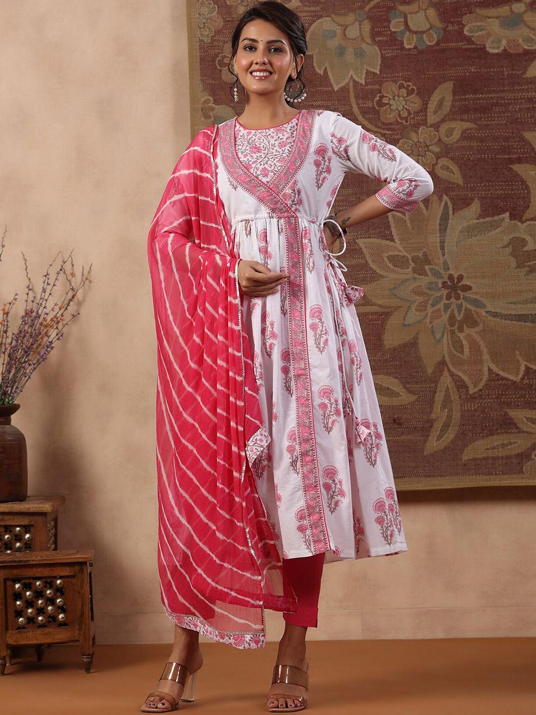 rain & rainbow floral printed angrakha pure cotton kurta with trousers & with dupatta