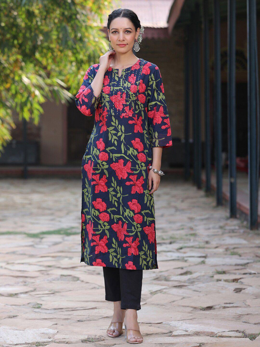 rain & rainbow floral printed cotton sequinned long sleeves kurta