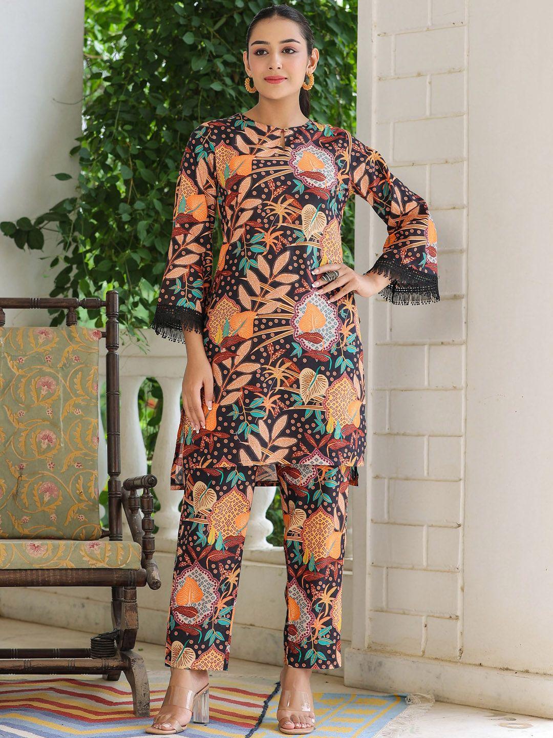 rain & rainbow floral printed keyhole neck pure cotton kurta & trousers