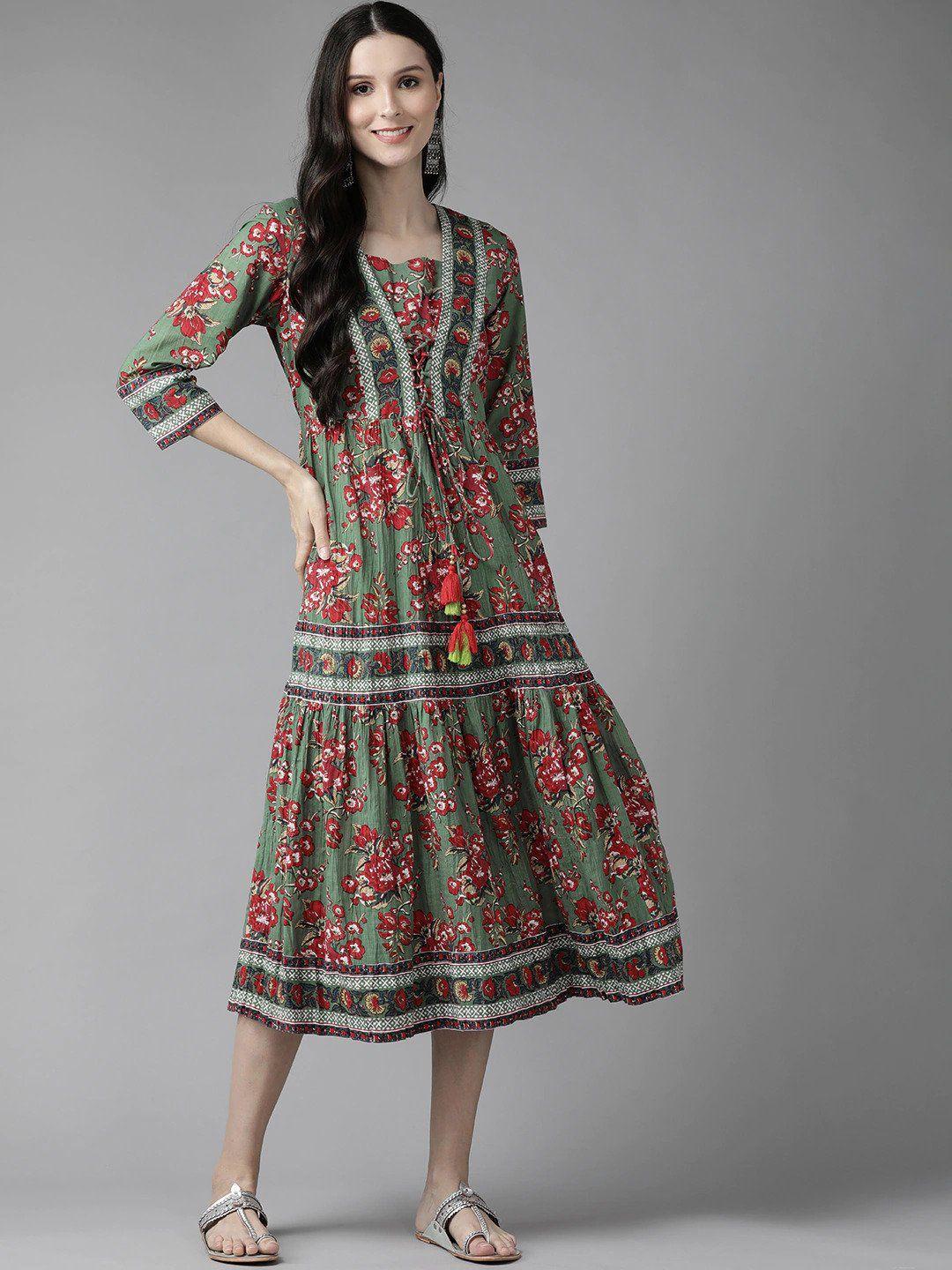 rain & rainbow floral printed midi-length pure cotton ethnic dresses