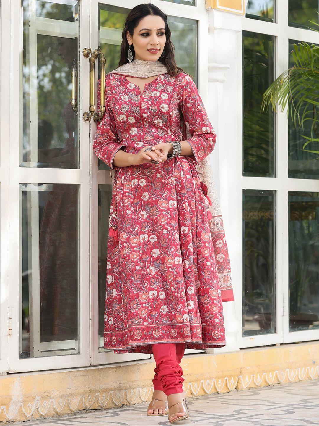 rain & rainbow floral printed pure cotton anarkali kurta with churidar & dupatta