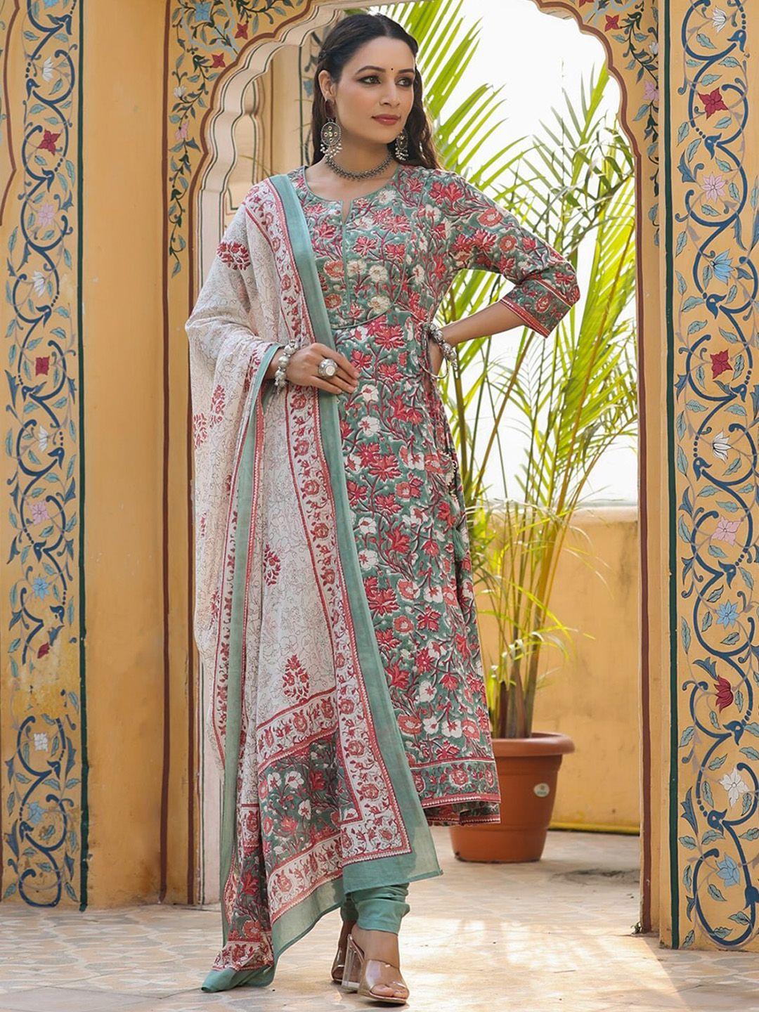 rain & rainbow floral printed sequined pure cotton kurta with churidar and dupatta