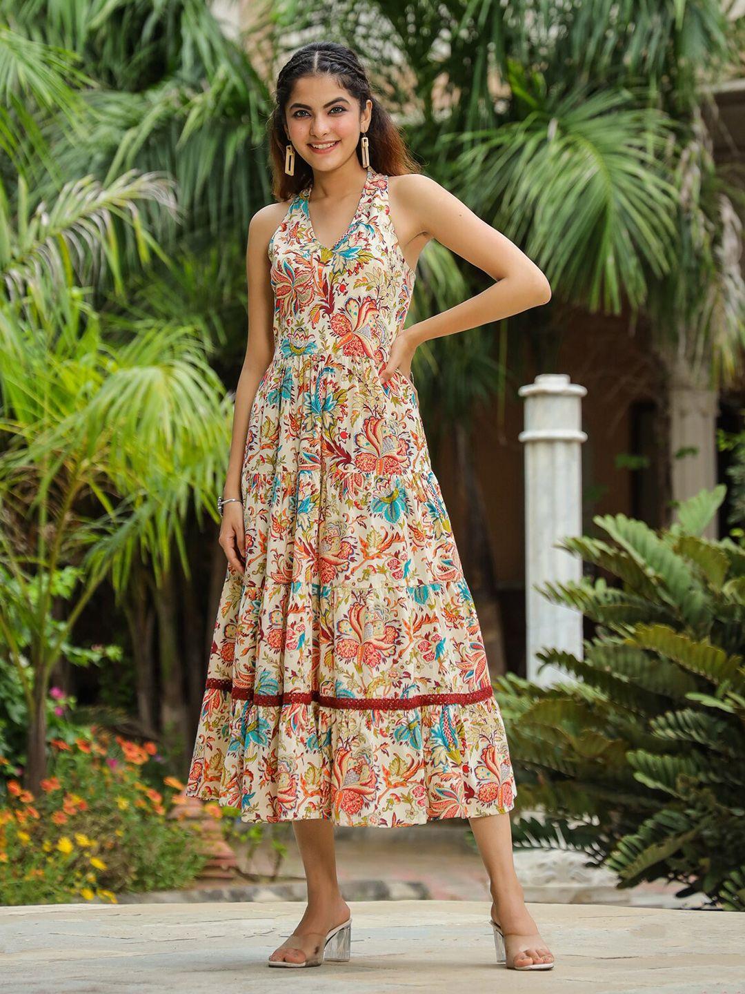 rain & rainbow floral printed shoulder straps tiered cotton fit & flare midi ethnic dress