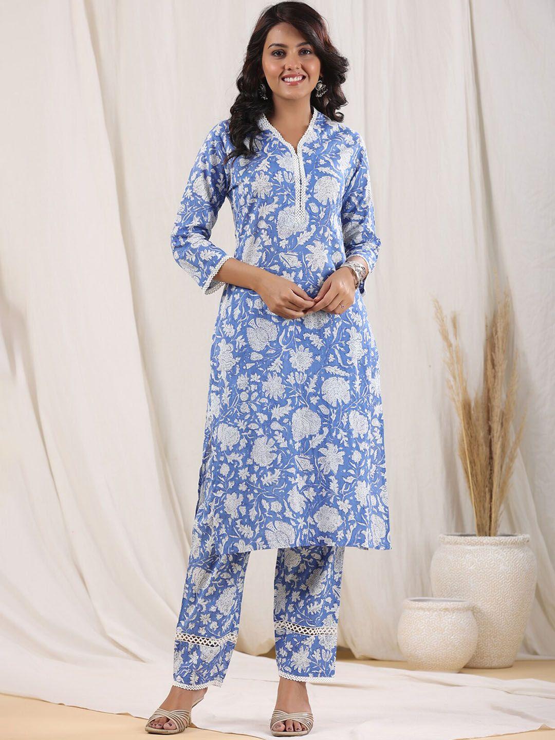 rain & rainbow floral printed v-neck regular pure cotton kurta with trousers