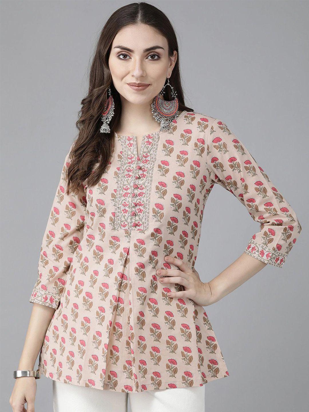 rain & rainbow notch neck floral printed sequinned pure cotton a-line kurti