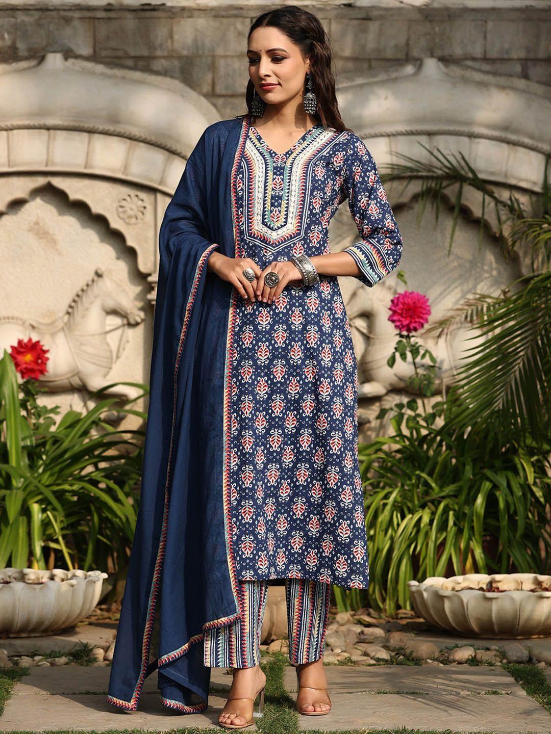 rain & rainbow printed regular mirror work pure cotton kurta with trousers & with