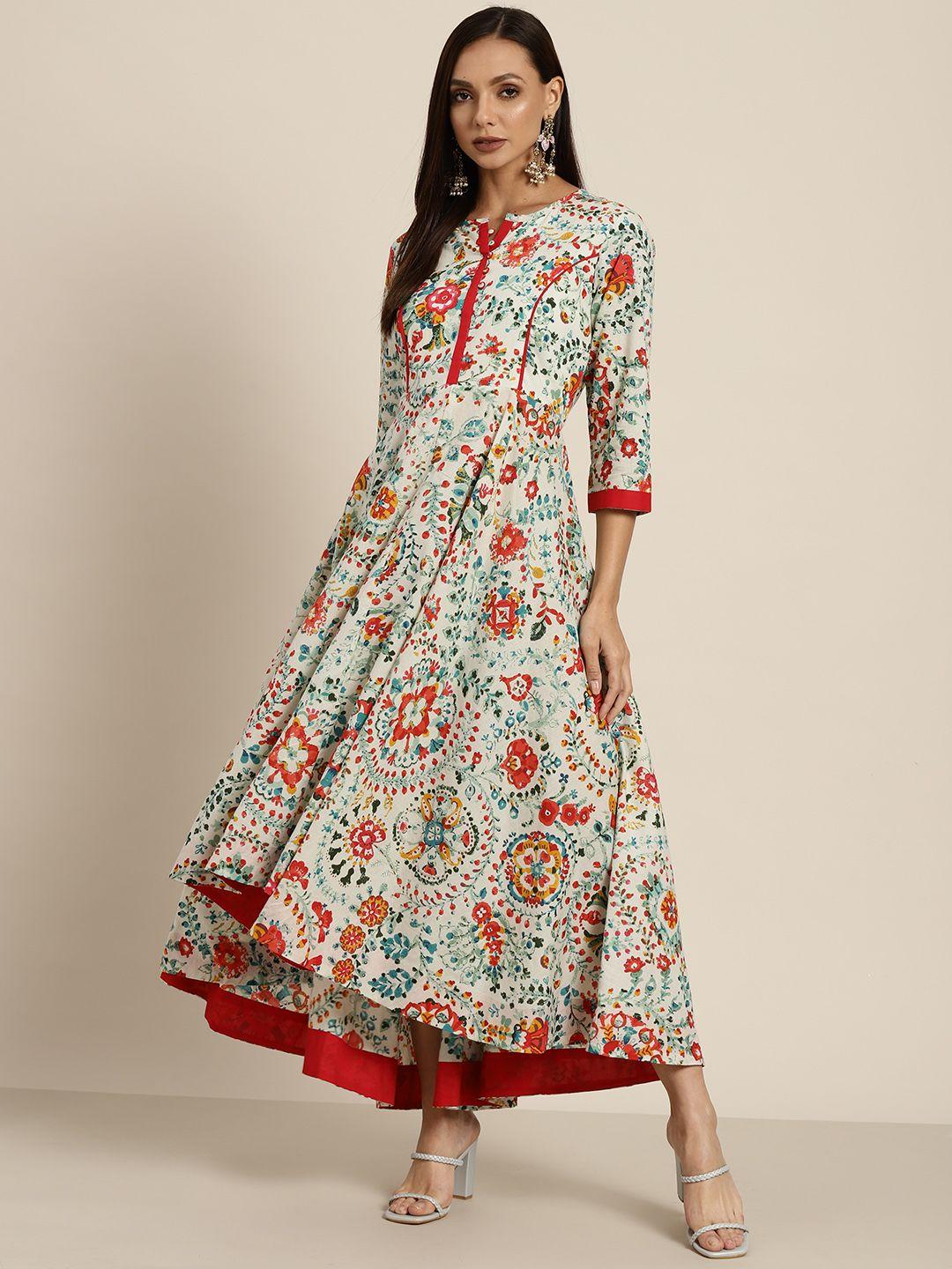 rain & rainbow sea green & red pure cotton floral print maxi dress