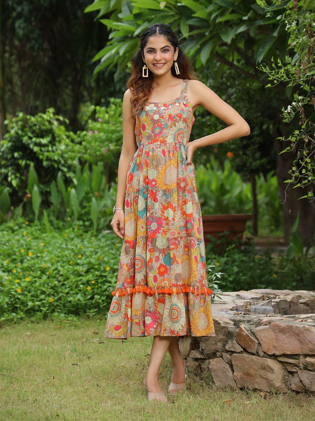 rain & rainbow shoulder strapped floral printed fit and flared pure cotton midi dress