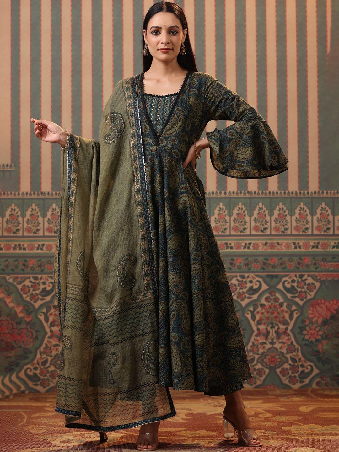 rain & rainbow teal paisley printed pure cotton kurta with trousers & with dupatta