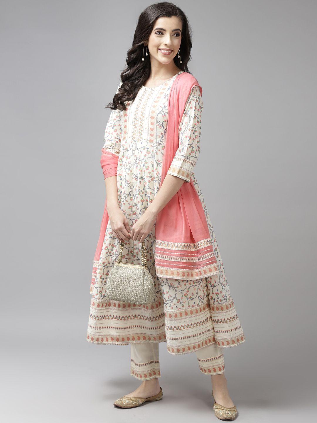 rain & rainbow women cream-coloured printed pure cotton kurta with trousers & dupatta
