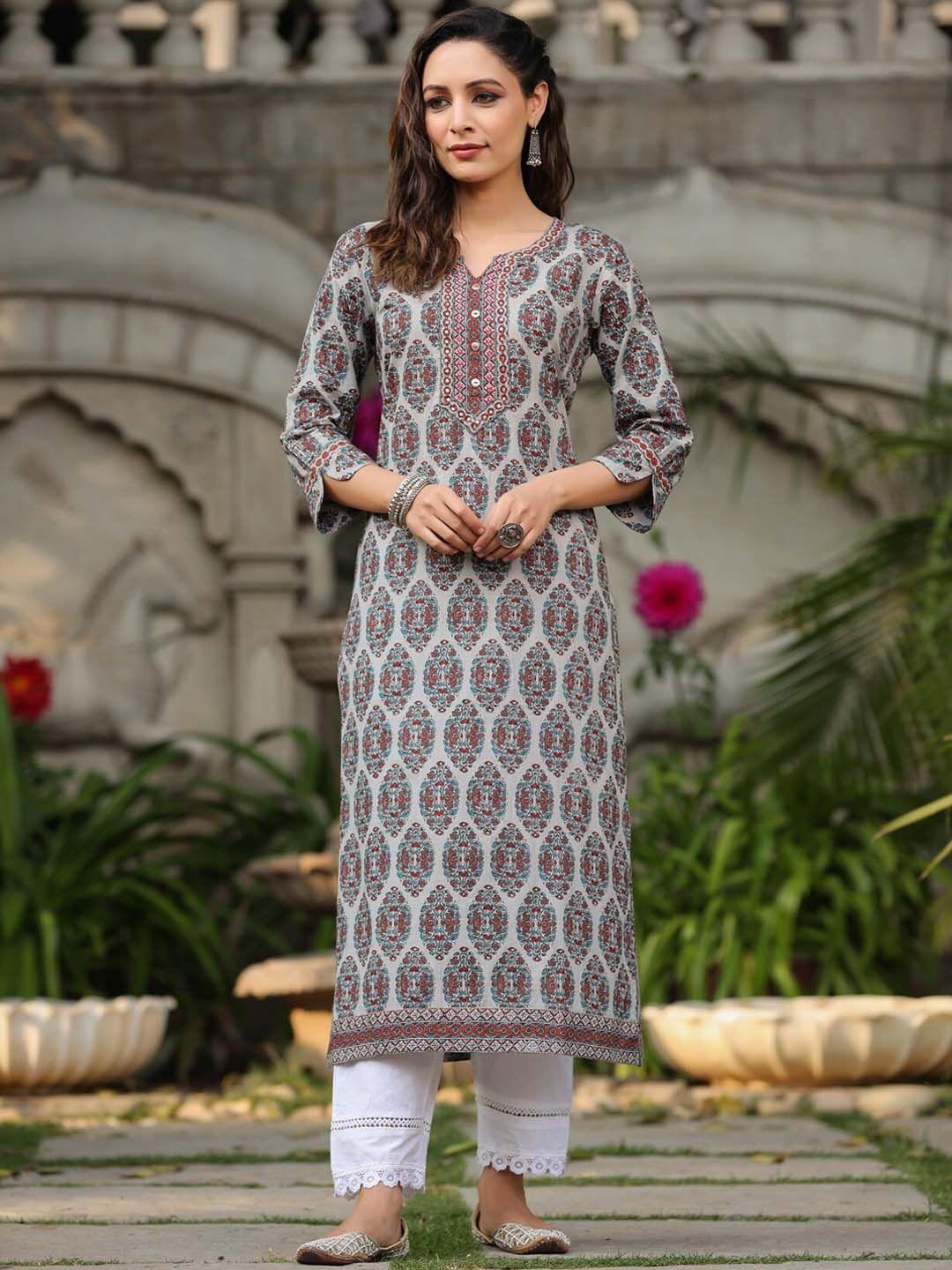 rain & rainbow women ethnic motifs printed pure cotton kurta