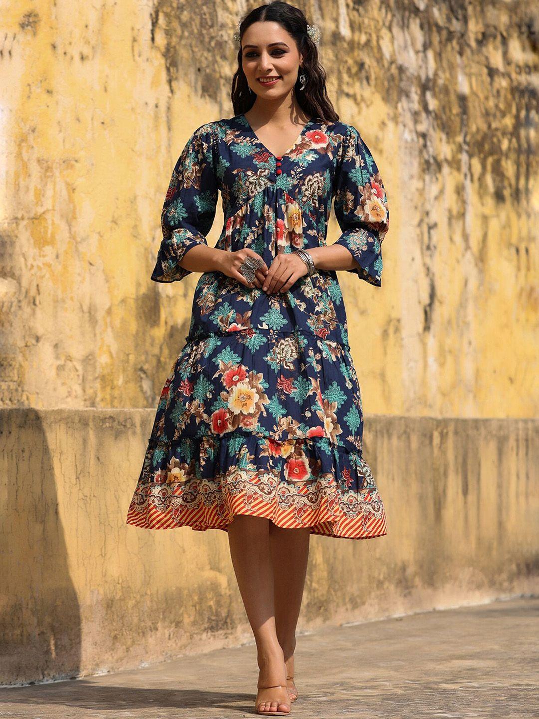 rain & rainbow women floral printed pure cotton a-line midi dress