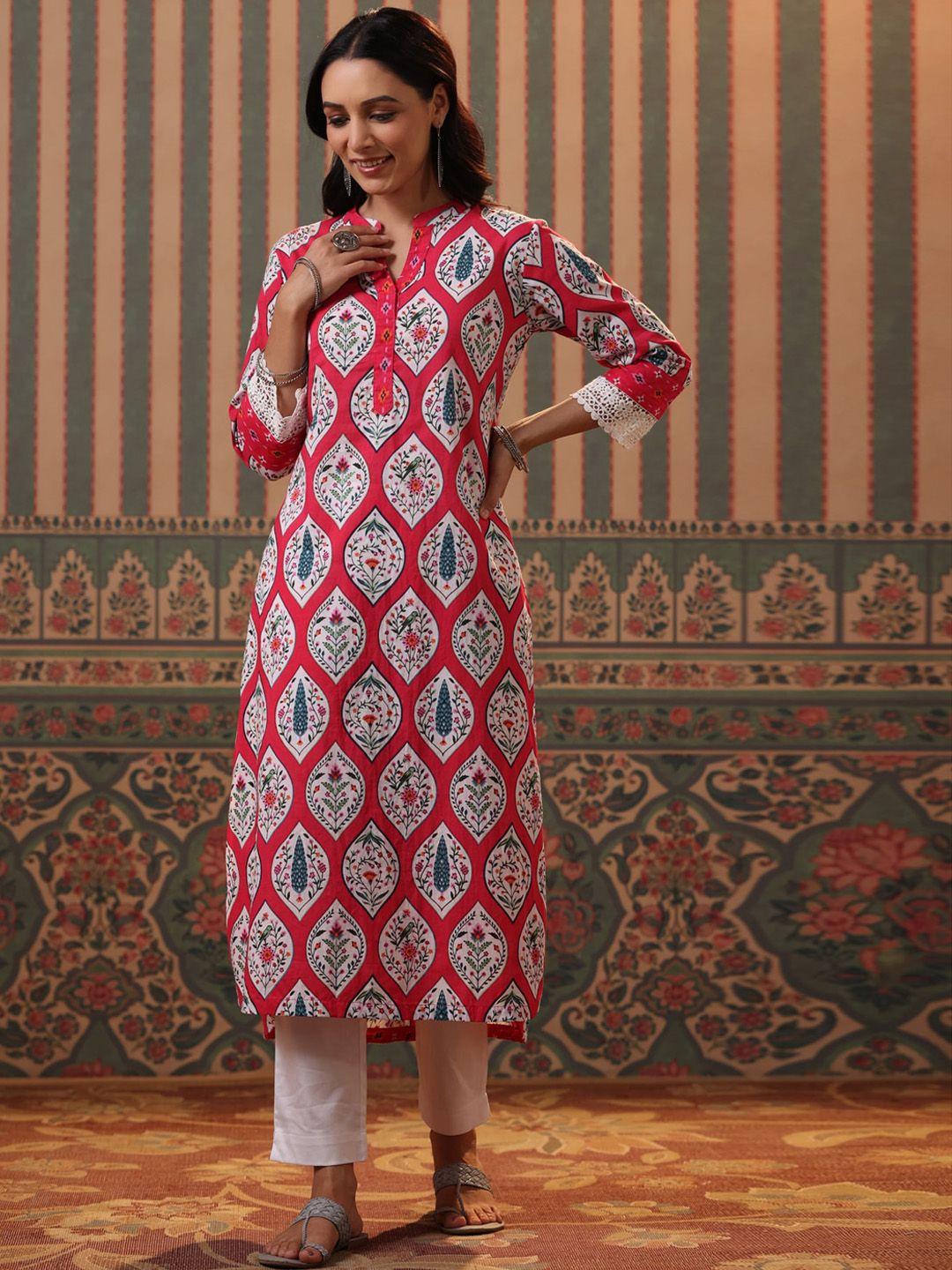 rain & rainbow women fuchsia ethnic motifs printed cotton kurta